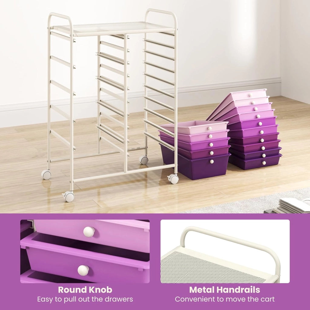 Carrelli Porta Oggetti, con 10+5 Cassetti Impilabili, 2 Ruote Bloccabili, Braccioli Metallici, Portabile e Pratico, per Ufficio, Studio, Cucina,Bagno, 5 Colori Disponibili, 62,5x37x87 cm