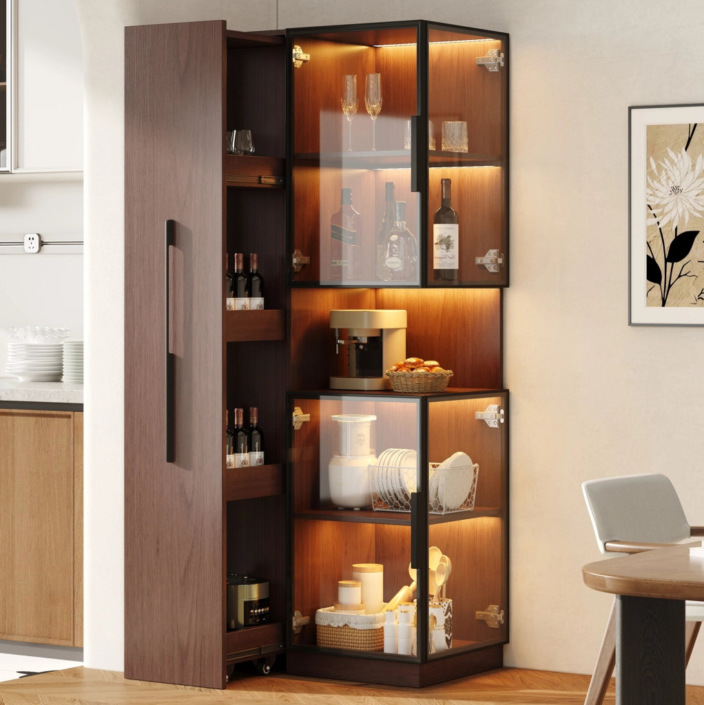 Vetrina alta in MDF effetto noce con LED e ripiani estraibili