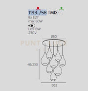 SOSP. OTTONE SAT. 8 LUCI TONDA VETRI (5 PICCOLI (3XFU+2XTR)+3 MEDI (2XFU+1XTR)) 1193OS-S8 TMIX-TF