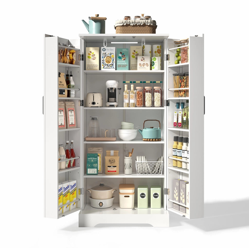 Credenza da cucina bianca 60x35x128 cm in MDF e PB con luce LED sensor e ripiani regolabili