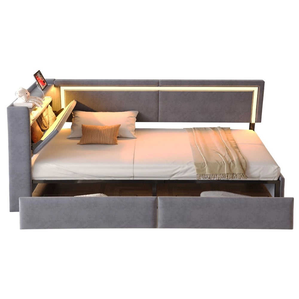 Letto Imbottito con LED, USB e Cassetto ¨C Xylo ¨C Velluto Grigio Scuro 90x200