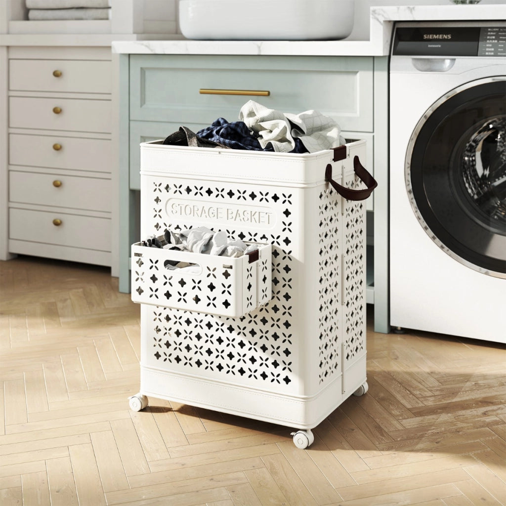 Cesta per biancheria pieghevole con 4 ruote universali, Contenitore di plastica da 75 L con cestino bianco 43,5 x 34 x 61 cm-Cesti del bucato