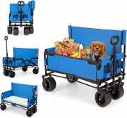 2 in 1 Carrello Spiaggia con Seduta, Carretto Pieghevole con Ruote Grandi e Cuscini Morbidi, Carrello da Campeggio, Giardino e Pesca, in Acciao Resistente, Chiusura Rapida, 80 KG, 85L (Blu)