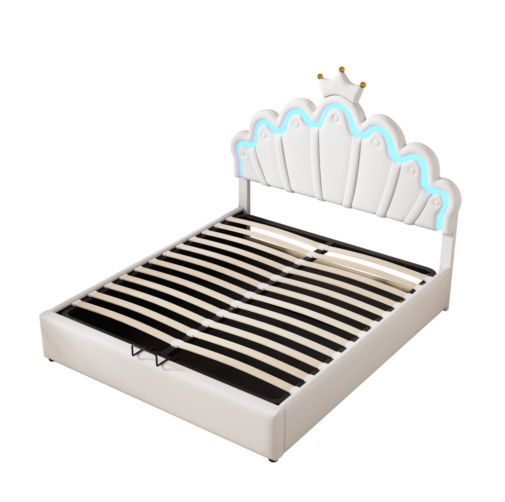Letto imbottito 140x200 cm con LED e contenitore; PU; bianco
