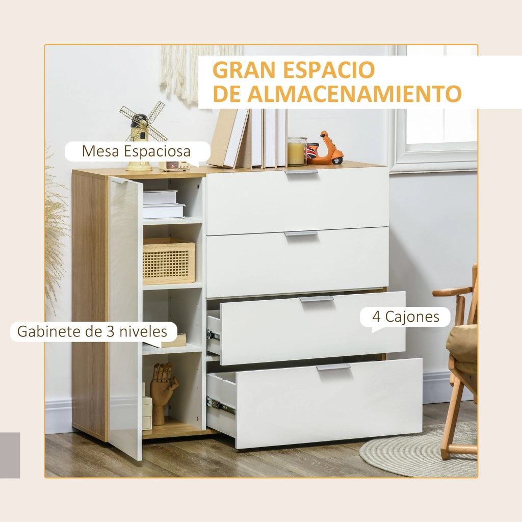 Cassettiera con 4 cassetti e ante ¨C zephmum ¨C bianco e naturale 105x35x92 cm