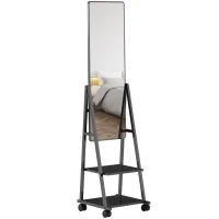 Specchio Verticale da Terra con 2 Ripiani e 4 Rotelle, in Acciaio e Legno, 42x37x155 cm, Nero