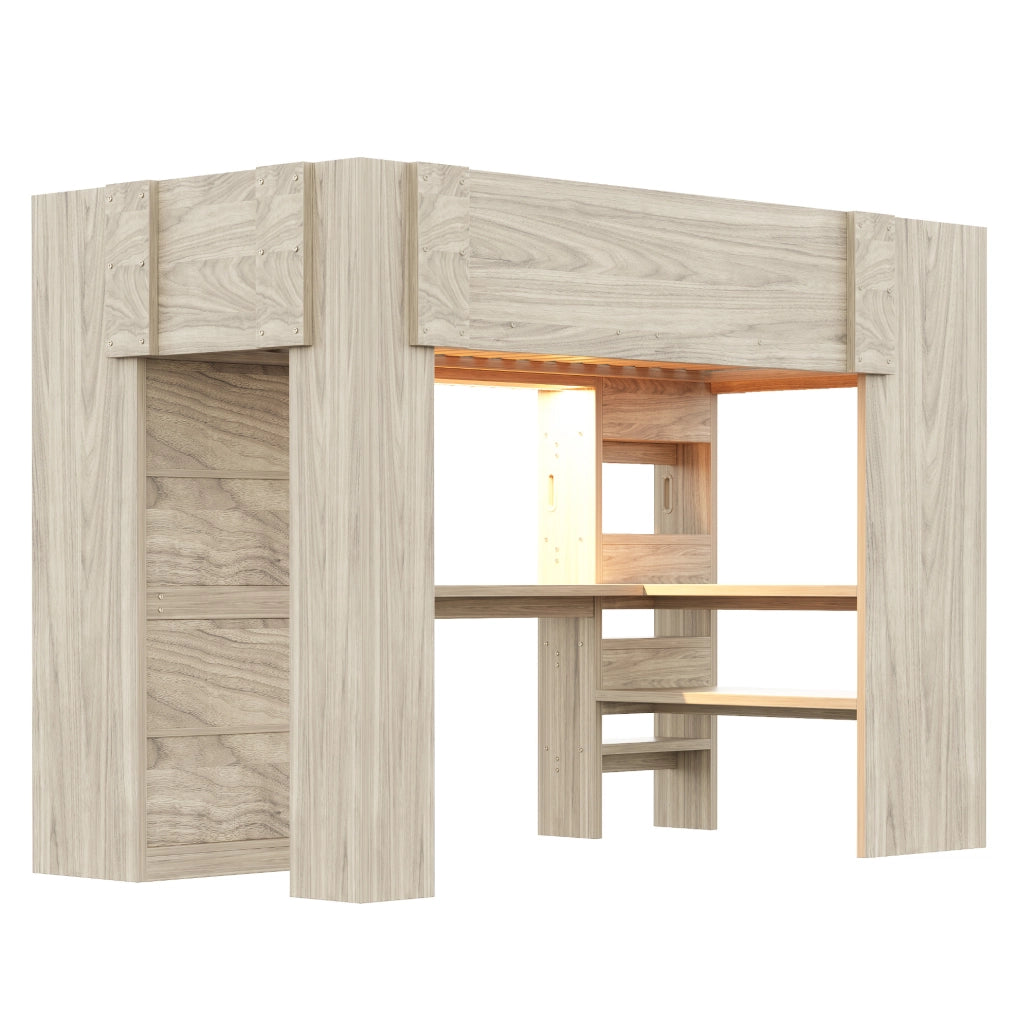 Letto a soppalco 90x200 cm con scrivania, armadio, ripiani e LED