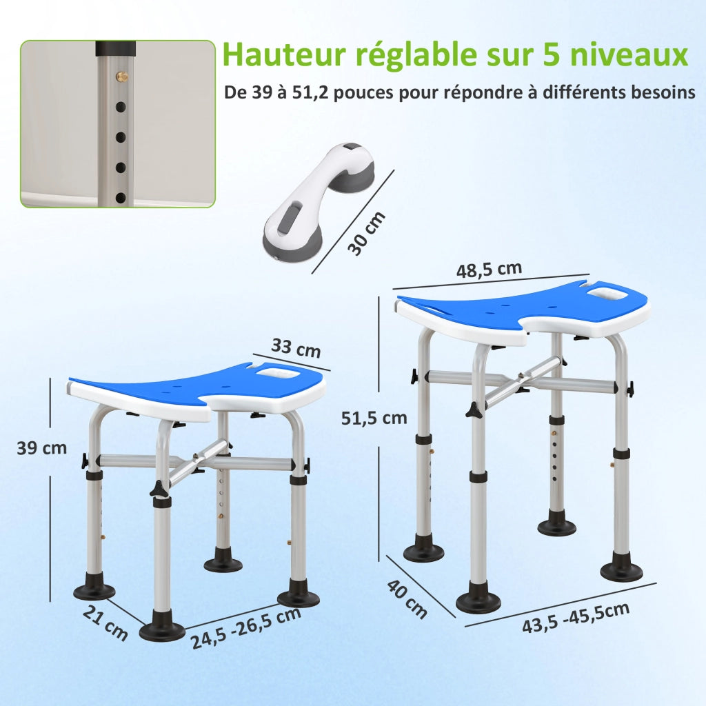 Sgabello da doccia regolabile con barra di appoggio ¨C zephmum ¨C blu scuro 39-51.5 cm