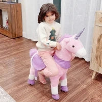 Cavallo a Dondolo con Ruote a Forma di Unicorno per Bambini da 3-6 Anni, 70x32x87cm, Rosa