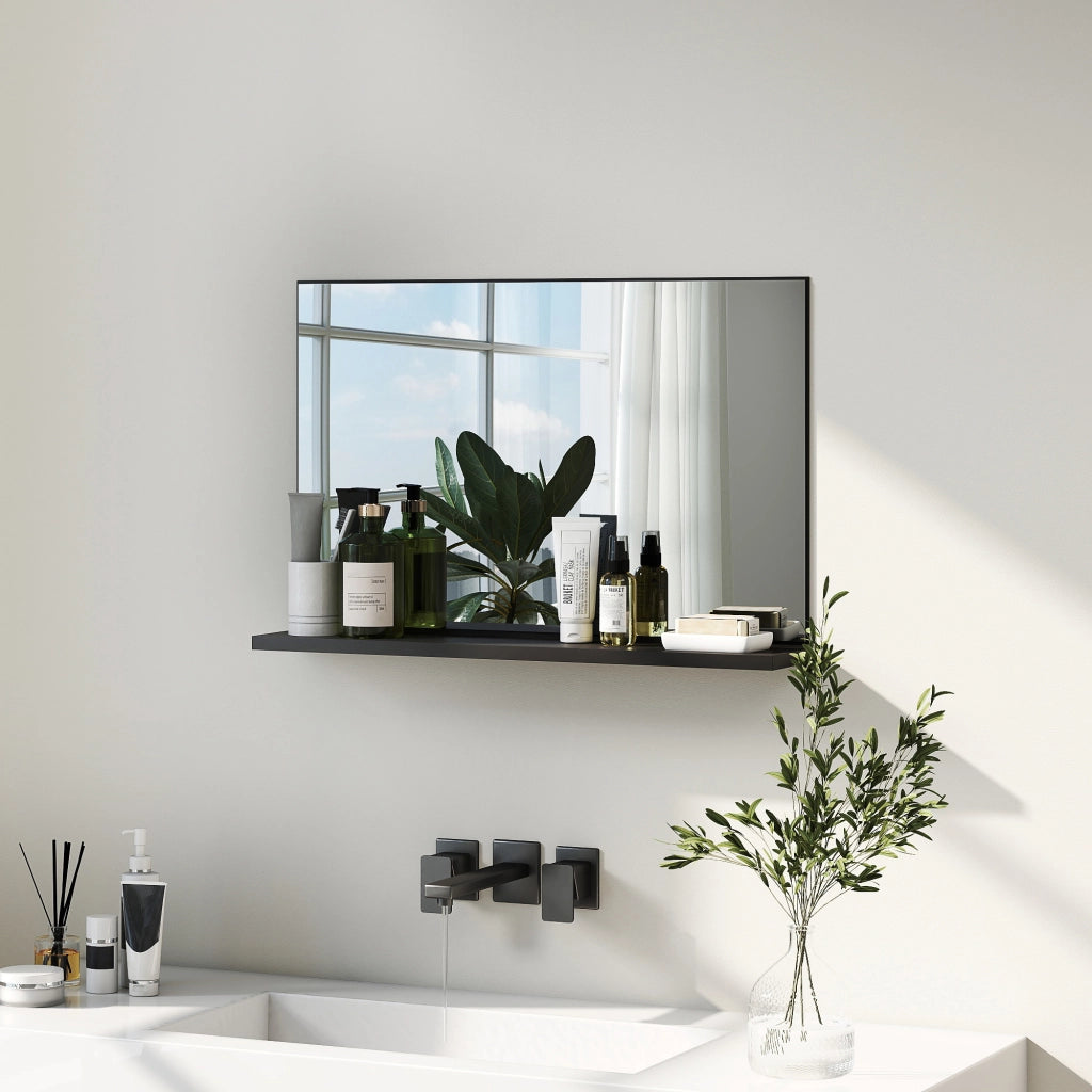 Specchio Bagno da Parete con Mensola Design Moderno e Multiuso, 60x12x40 cm, Nero