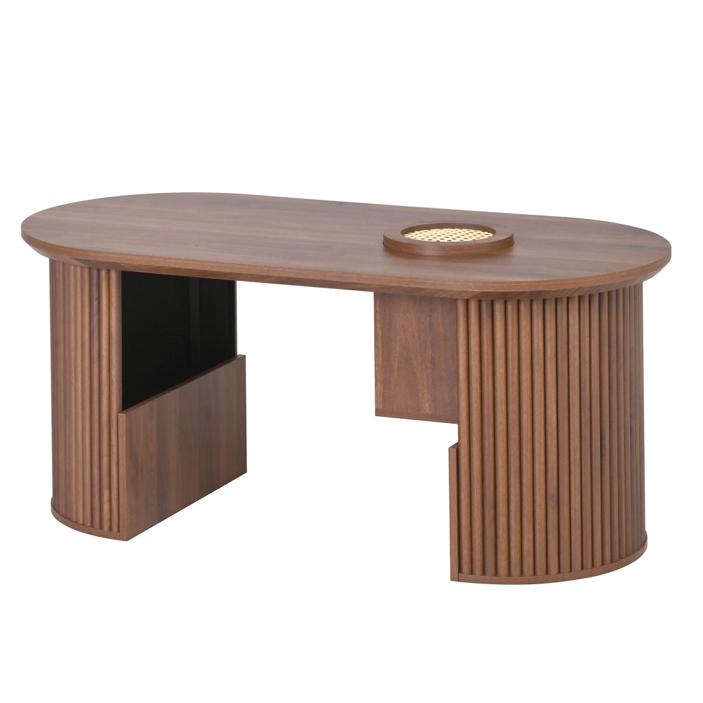 Tavolino da caffè 105x50x46.5 cm; ovale con vani portaoggetti; MDF; colore noce