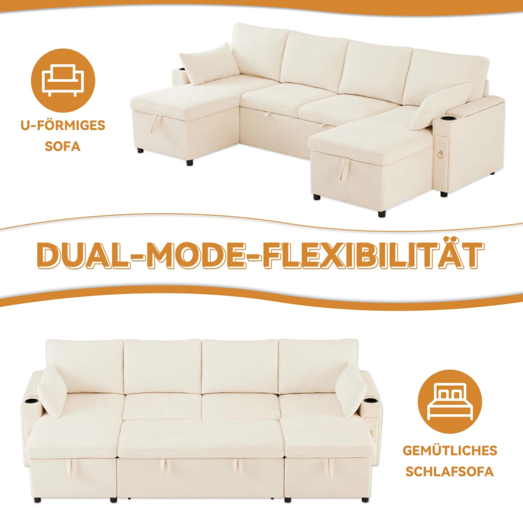 DIVANO LETTO modulare a U 272x131x84 cm Beige in Chenille e Corduroy
