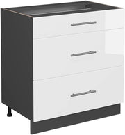 Mobiletto base per cucina Fame-Line, Bianco lucido, 80 cm con 3 cassetti, senza piano di lavoro, per la combinazione con altri moduli della serie Fame-Line