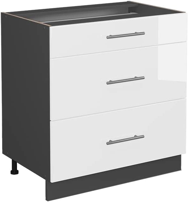 Mobiletto base per cucina Fame-Line, Bianco lucido, 80 cm con 3 cassetti, senza piano di lavoro, per la combinazione con altri moduli della serie Fame-Line