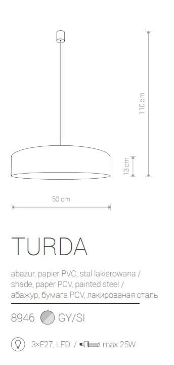 Lampadario sospeso Nowodvorski Turda grigio Ø50 3xE27