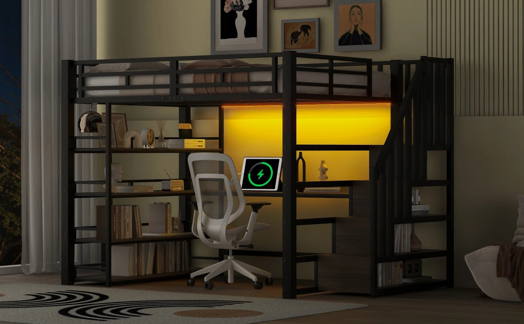 Letto a soppalco in metallo nero 140x200 con scrivania integrata, scale contenitore e luci LED