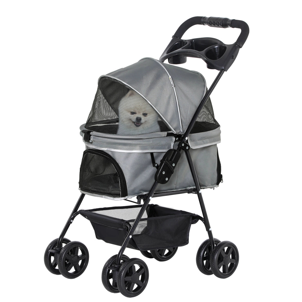 EasyComfort Passeggino per Cani Pieghevole con Guinzaglio di Sicurezza e Cestino Portaoggetti, Grigio