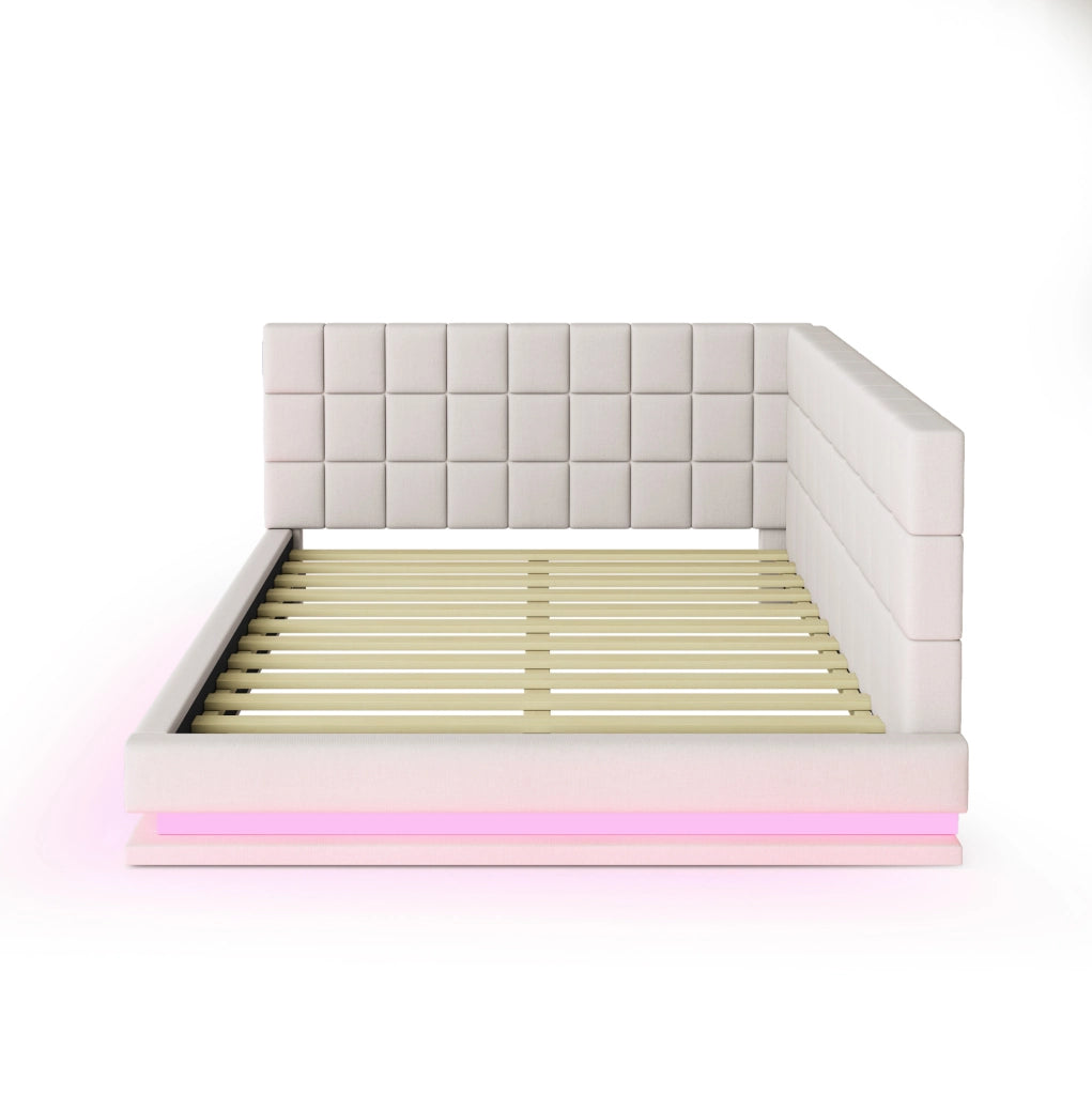 Divano Letto Imbottito 160x200 cm con LED, USB e Rete a Doghe in Lino Beige
