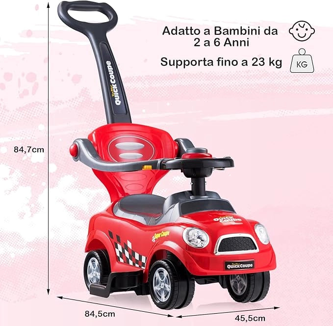 3 in 1 Macchina Cavalcabile a Spinta per Bambini, con Guardrail Staccabili e Maniglia Clacson, Spazio di Archiviazione Nascosto e Design Anti-ribaltamento, Ideale per Bambini 2-6 Anni (Rosso)