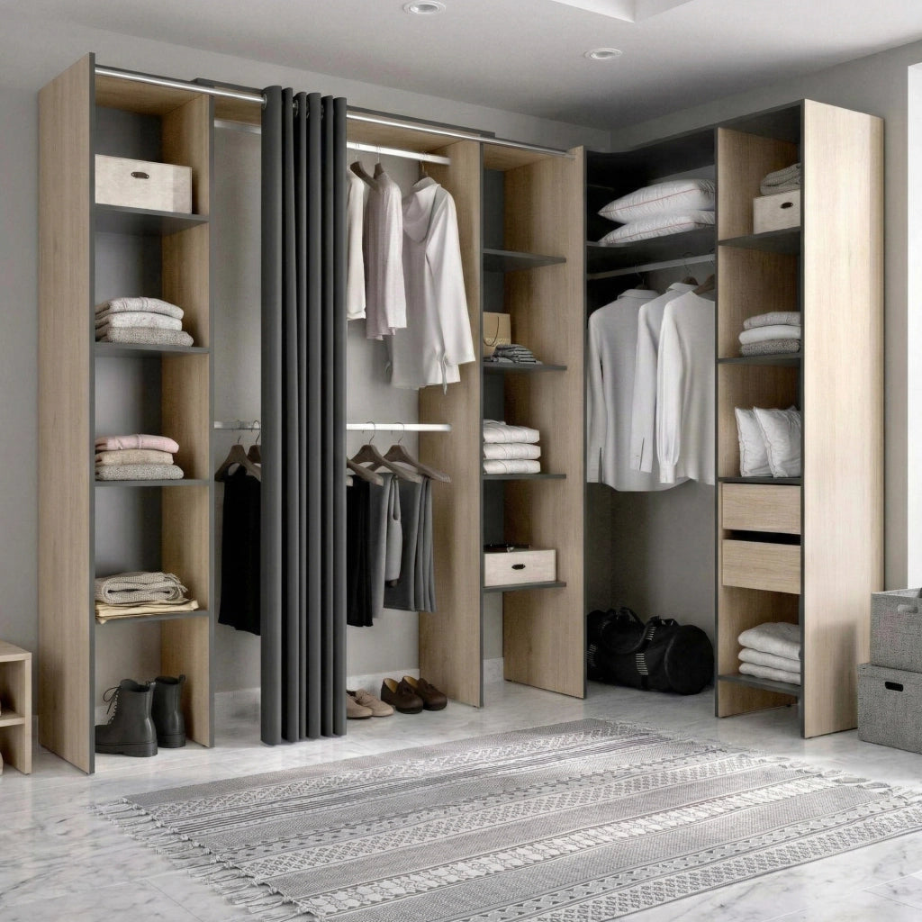 Guardaroba grande Dindo, Mobile camera da letto, Cabina armadio portabiti, Armadio appendiabiti, 234x141 h205 cm, Antracite e Rovere