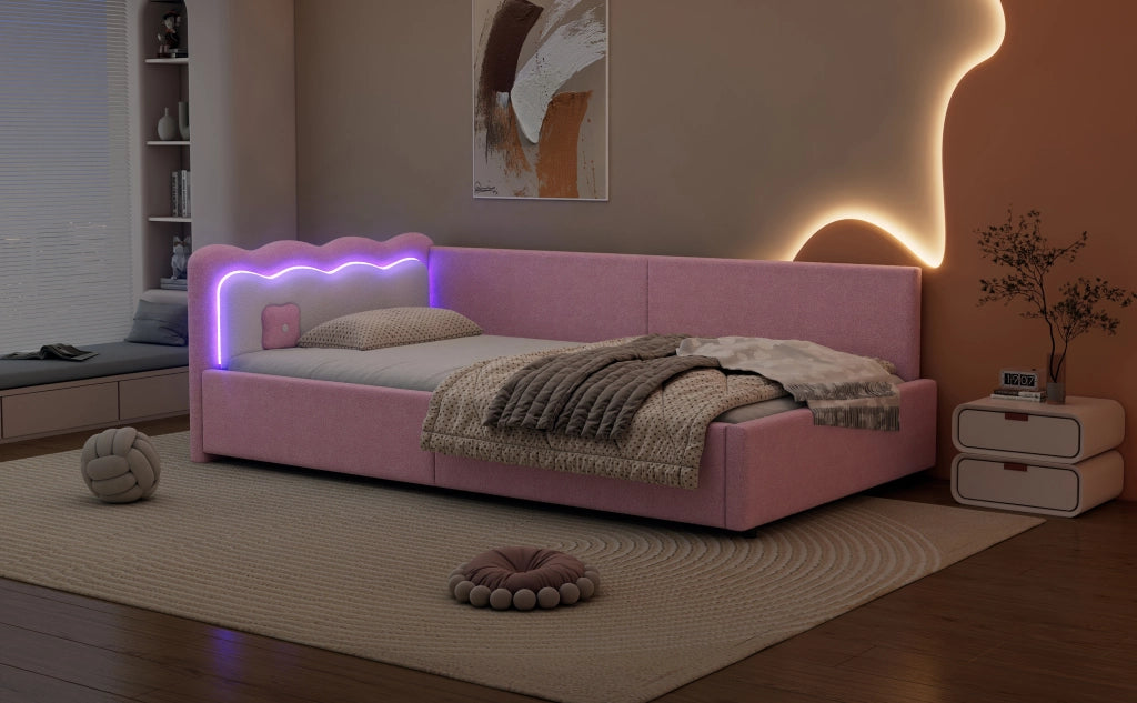 DESMIU Lit simple 90 × 200 cm con LED regolabile, senza materasso, in velluto, rosa