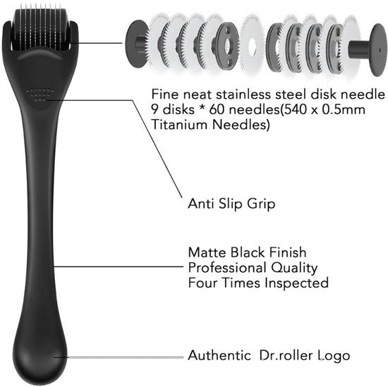 Dermorollatore per Microneedling - 0,5mm - Applicazione per la Crescita dei Capelli e la Riduzione della Barba - Roller per il Viso - Apparato per la Mesoterapia contro le Rughette e la Faccialift - Nero