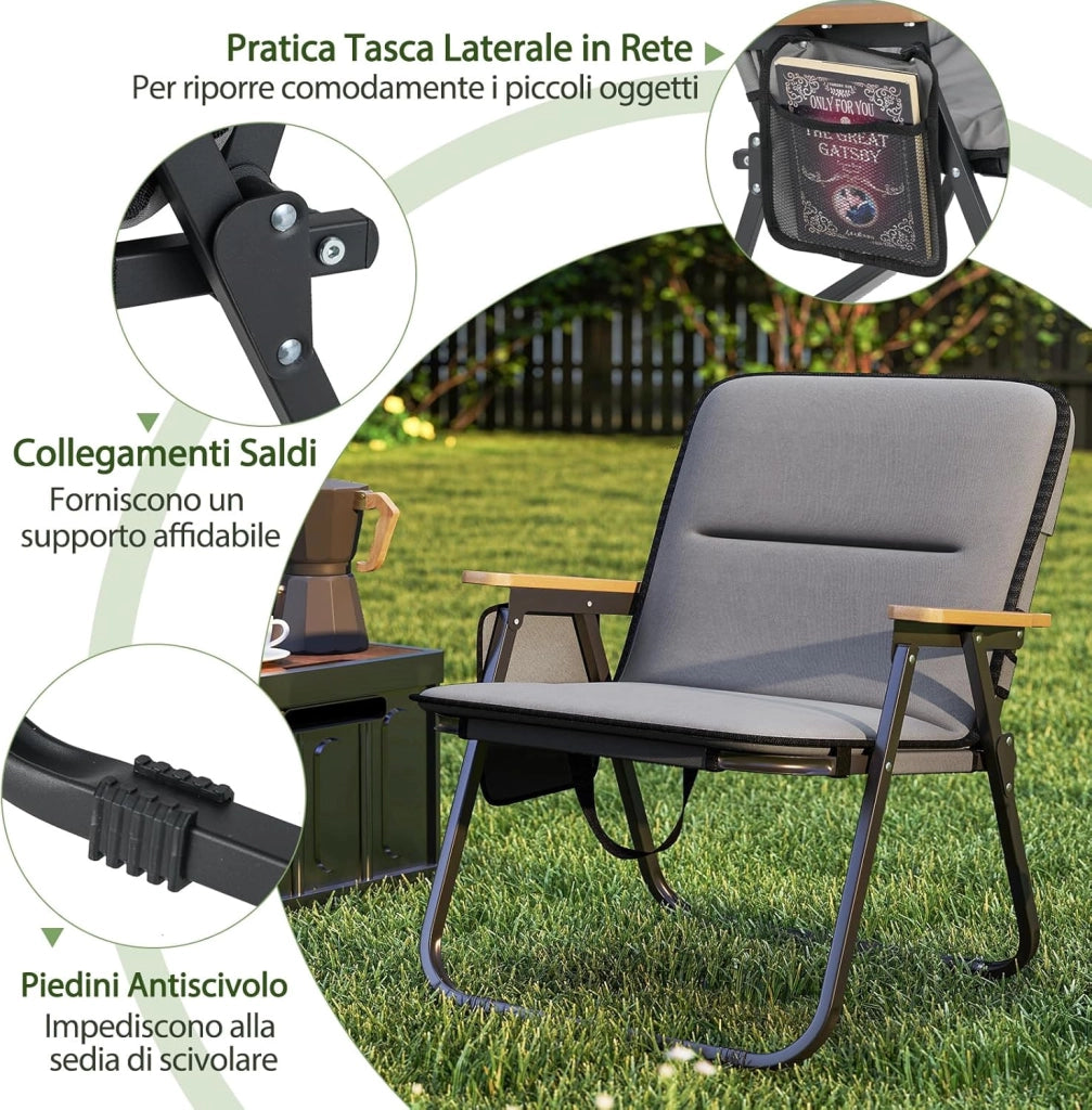 Set di 2 Sedie da Campeggio Pieghevoli, Sedie Portatili da Esterno con Cuscino Rimovibile, Tasca Laterale, Braccioli, Sedie da Spiaggia Resistenti per Esterni, Supporta 150 kg, Grigio