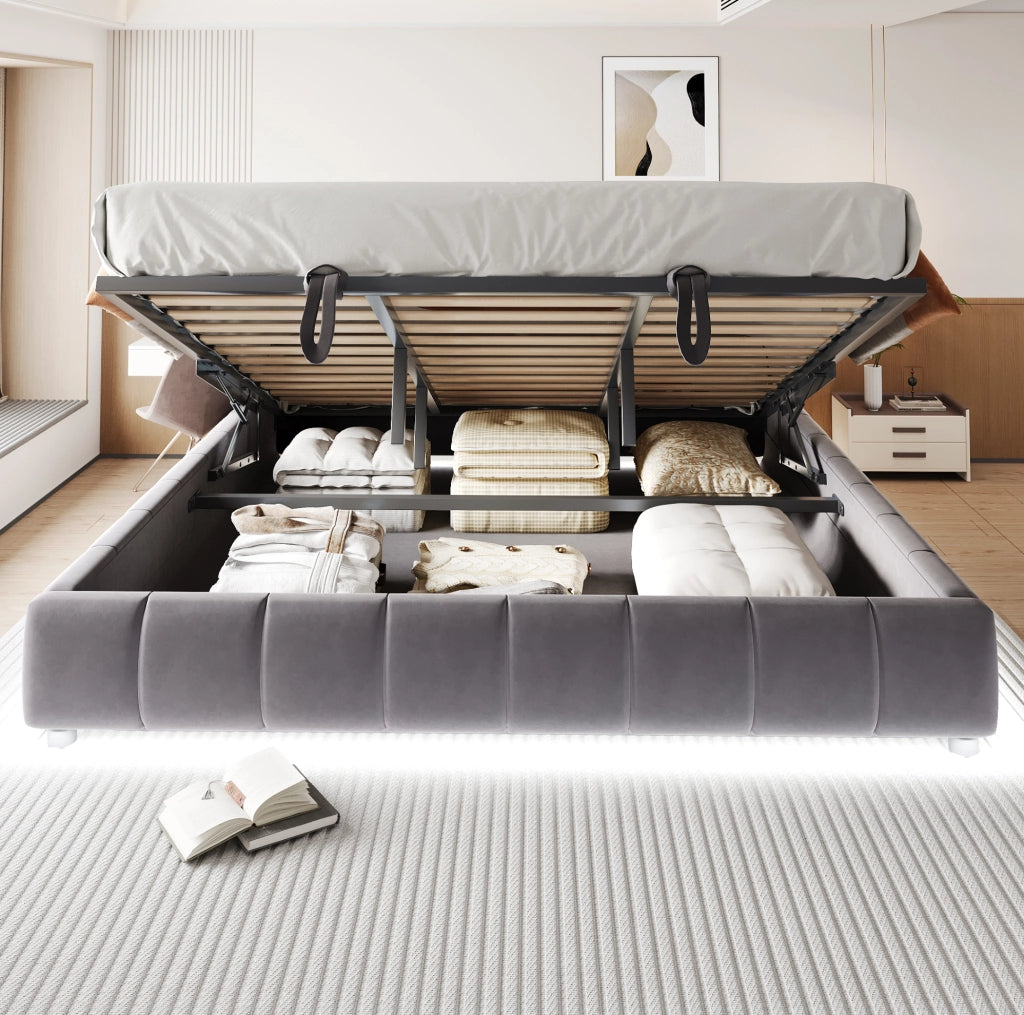 Letto imbottito 180x200 cm grigio con LED e contenitore