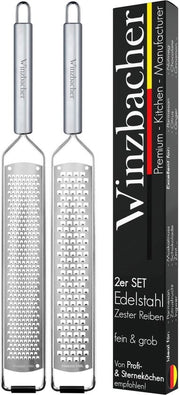 Set di 2 Raspini in Acciaio Inossidabile | Raspino per Parmigiano, Raspino per Limone, Raspino per Noce di Musca, Raspino per Gambero, Zester | Coltello a Filo Affilato | Incluso Coperchio di Protezione e Spazzola di Pulizia
