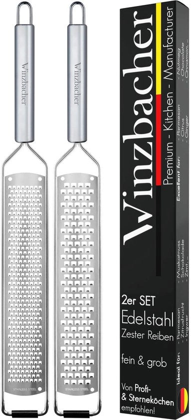 Set di 2 Raspini in Acciaio Inossidabile | Raspino per Parmigiano, Raspino per Limone, Raspino per Noce di Musca, Raspino per Gambero, Zester | Coltello a Filo Affilato | Incluso Coperchio di Protezione e Spazzola di Pulizia