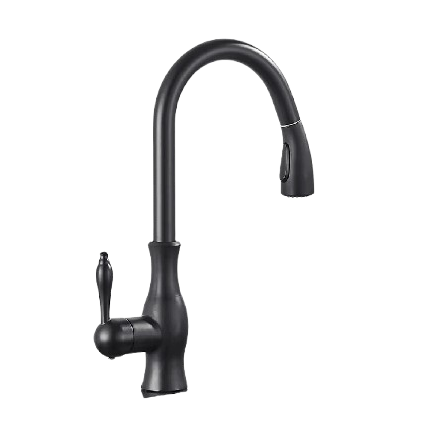 NAVIS | Elegante rubinetto cucina estraibile in acciaio inox nero, arco alto, miscelatore di lusso, alta pressione, 360°, 2 attacchi