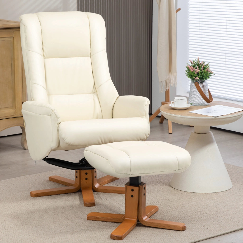 Poltrona relax con poggiapiedi, funzione reclinabile e oscillante, in finta pelle crema, per soggiorno