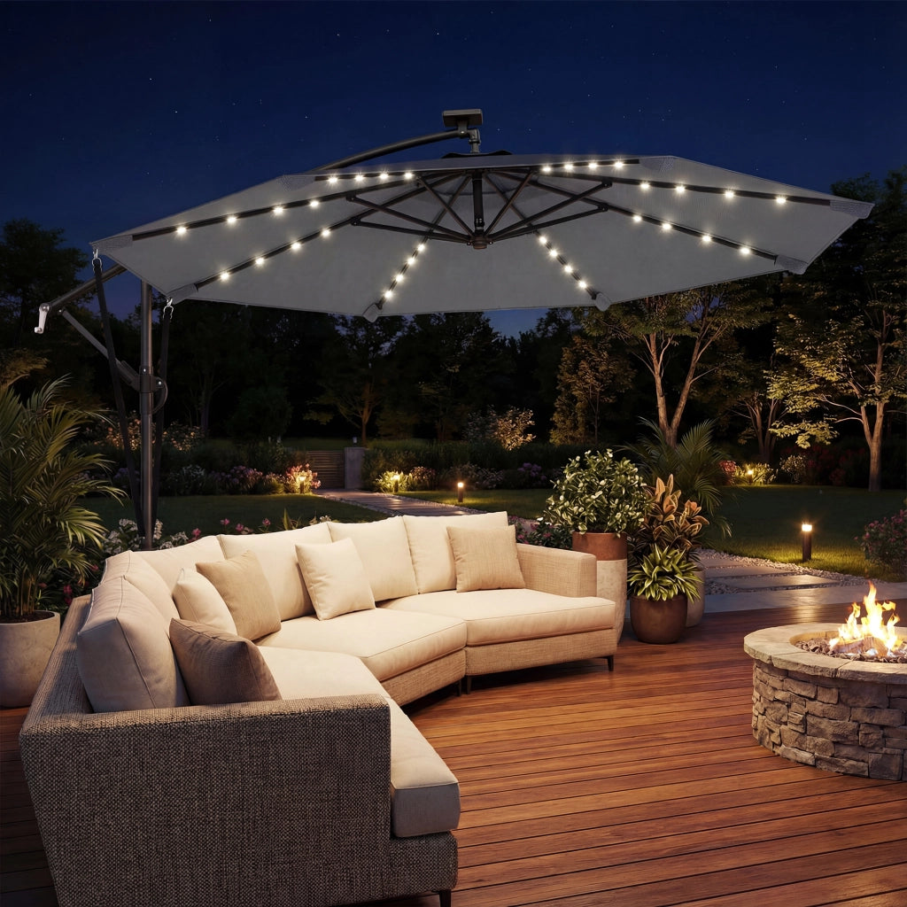 Ombrellone Parasole Grigio con Luci LED Solari 330x295 cm Base Crociata ¨C zephmum ¨C Grigio Scuro