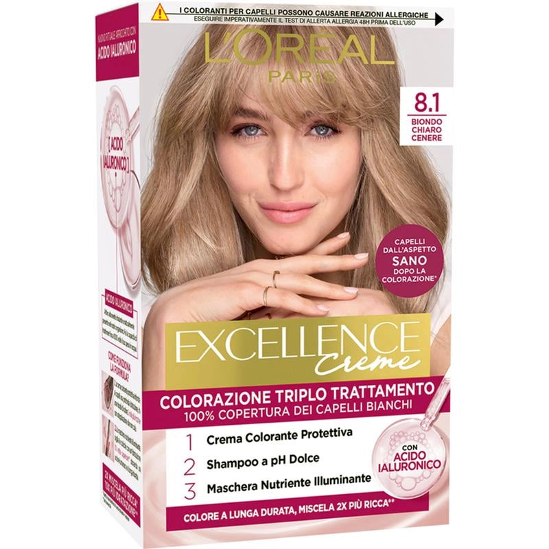 L'OREAL PARIS TINTA CAPELLI EXCELLENCE CREME CON ACIDO IALURONICO COPERTURA 100% DEI CAPELLI BIANCHI - BINDO CHIARO CENERE 8.1