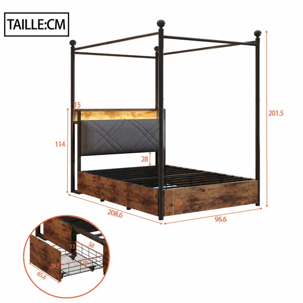 DESMIU Letto singolo 90 × 190 cm 1 posto con LED, USB, Type-C e 2 cassetti, senza materasso, nero