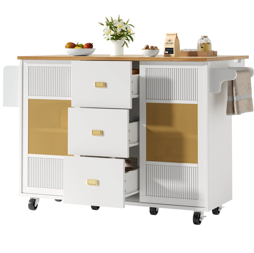 Isola da cucina mobile con piano ribaltabile, 146,85x70x90 cm, bianca, MDF e metallo