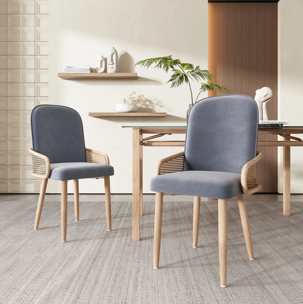 Sedia da pranzo girevole no; in velluto grigio con dettagli in PE rattan e gambe in metallo; set 2 pezzi