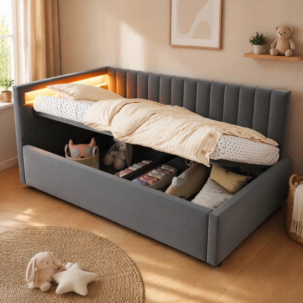 Letto imbottito 90x200 cm con LED e vano contenitore grigio