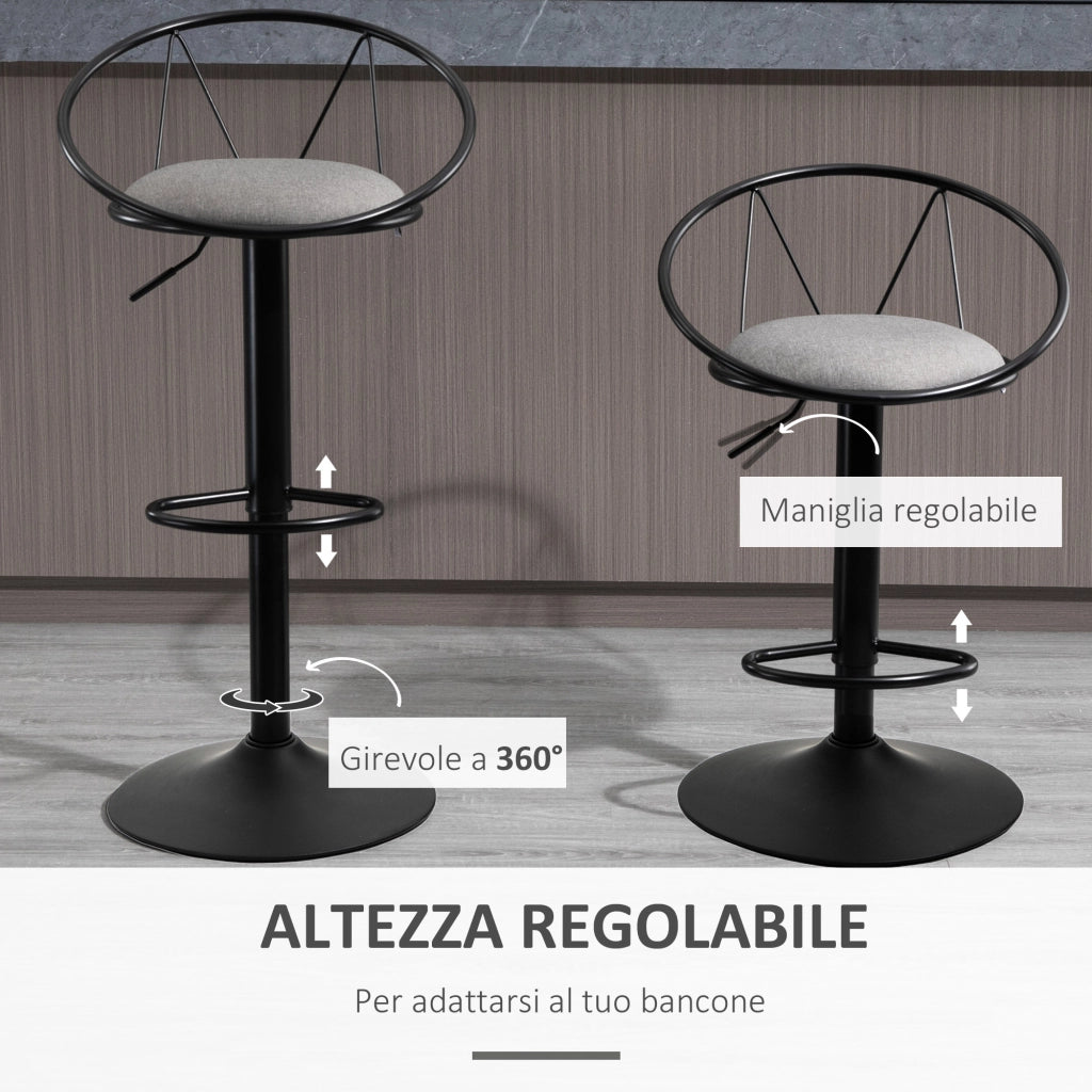 Set 2 Sgabelli Bar con Schienale e Poggiapiedi, Altezza Regolabile e Seduta Imbottita, Grigio
