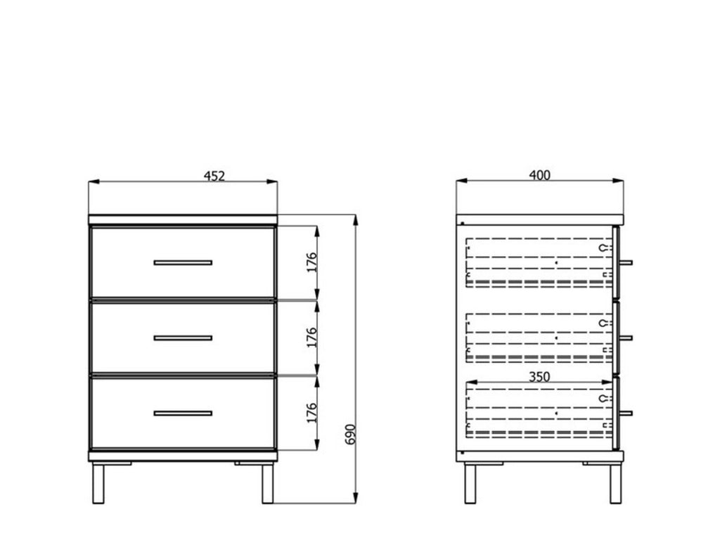 Savino, Comodino 3 Cassetti, 45x40x69h cm Bianco