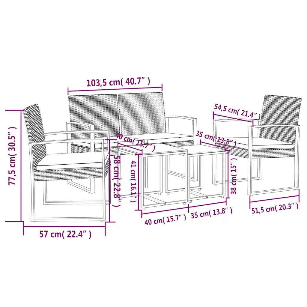 Set da Pranzo da Giardino 5 pz | Set Salotto da Giardino con Cuscini in PP Rattan Marrone