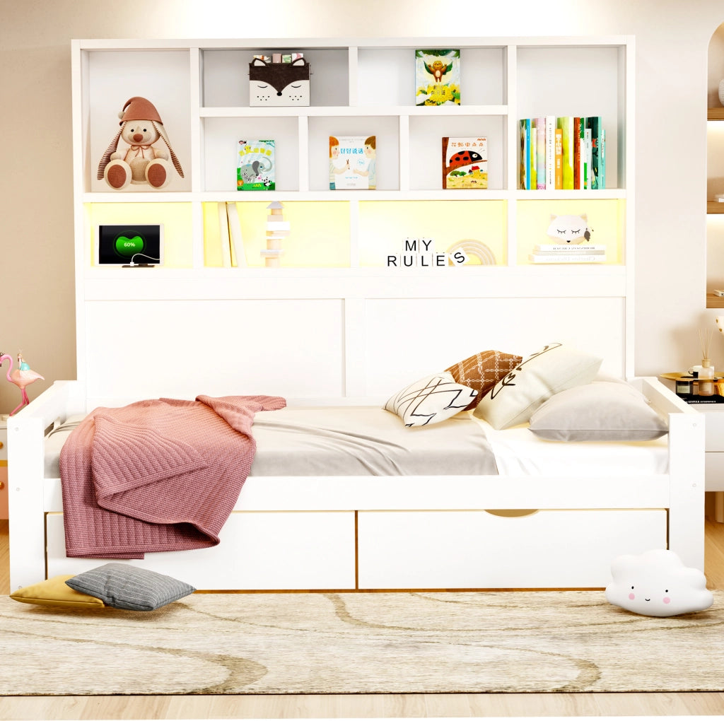Letto multifunzione 90 x 200 cm con 2 cassetti; LED e prese; MDF bianco
