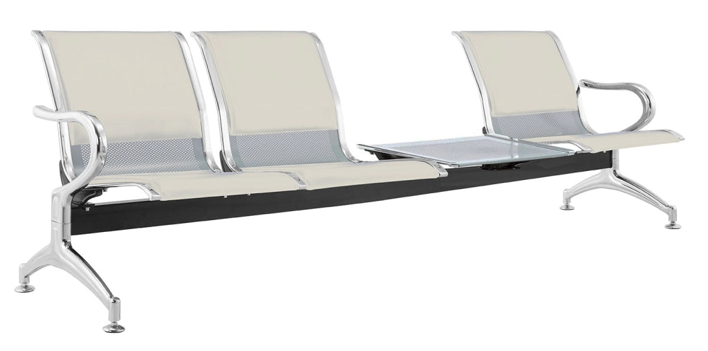Panca per Sala Attesa 3 Posti da Ufficio con Cuscino e Tavolino in Acciaio e Similpelle Argento/Avorio
