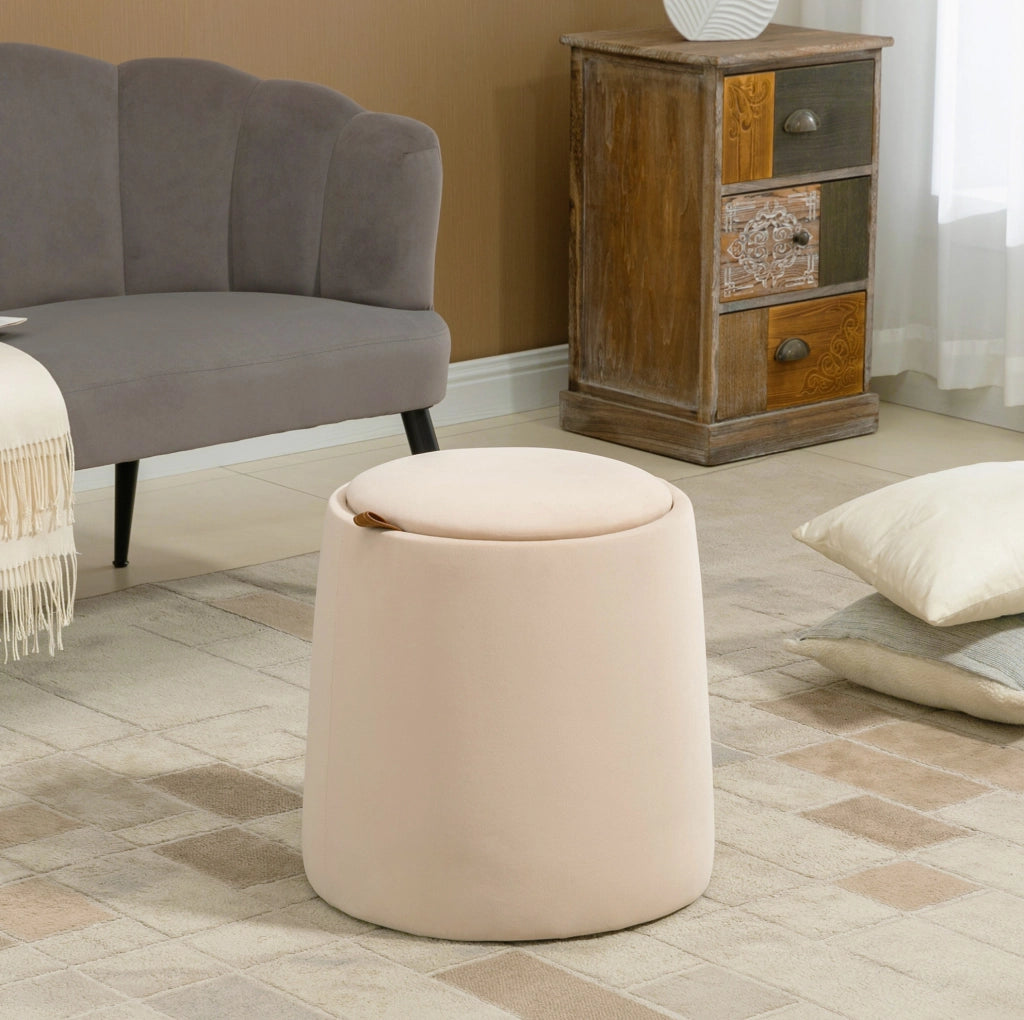 Ottomana rotonda beige con vano contenitore e coperchio reversibile