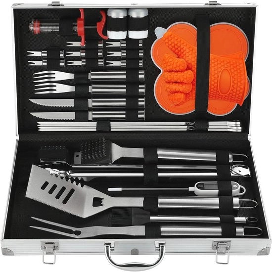 Set di barbecue in acciaio inossidabile di alta qualità 30 pezzi per camping outdoor - Set di griglia professionale e duraturo con custodia - Strumentazione BBQ perfetta per uomo e donna