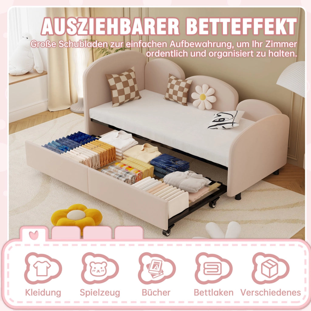 Letto per bambini a forma di fiore 90x200 cm in velluto rosa con cassetto