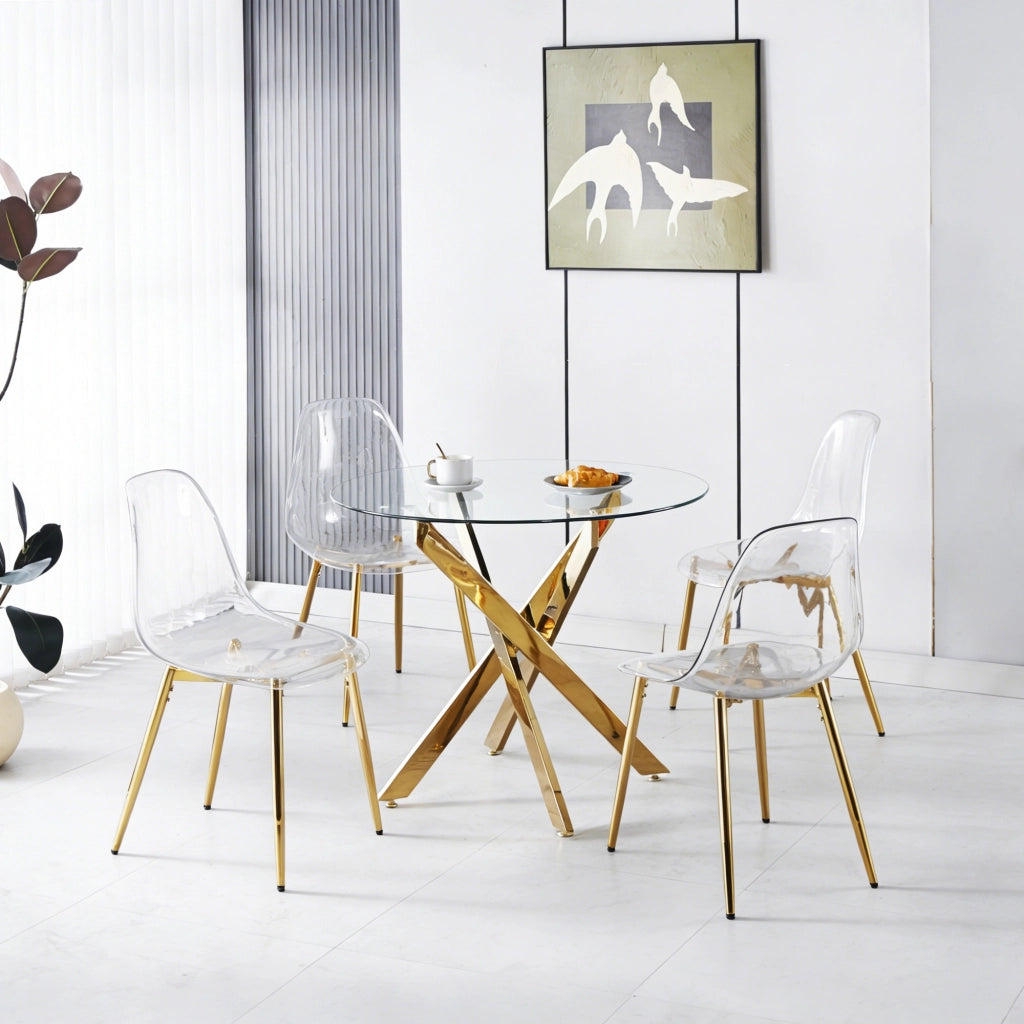 Tavolo da pranzo con 4 sedie in velluto e gambe placcate oro, schienale alto, per sala da pranzo e vanity, oro
