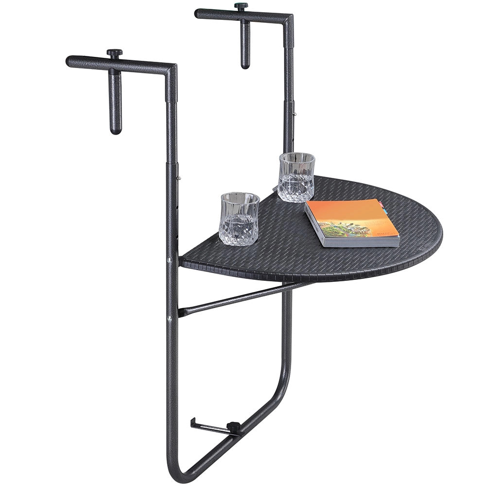 Tavolino Balcone Pieghevole Metallo e Polyrattan 2 Porta Bicchieri Regolabile Nero