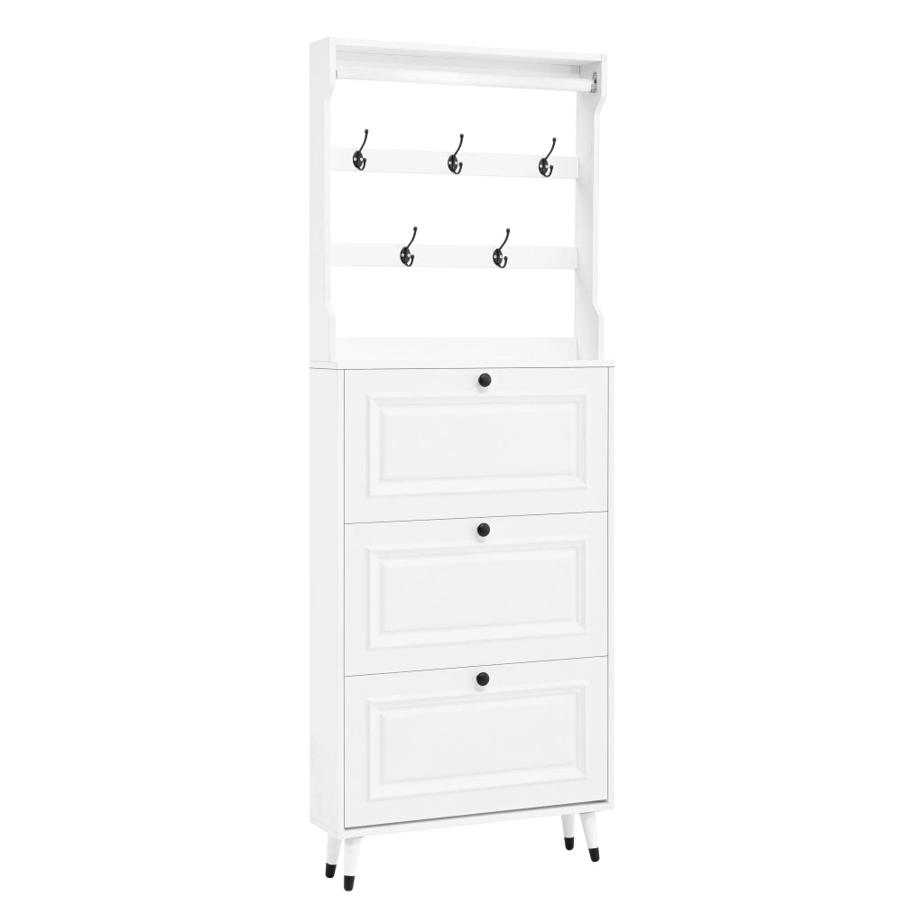 Mobile da ingresso con 3 ante a ribalta; 6 ganci e asta; per scarpe e abiti; bianco; 66 Ã— 17 Ã— 180 cm