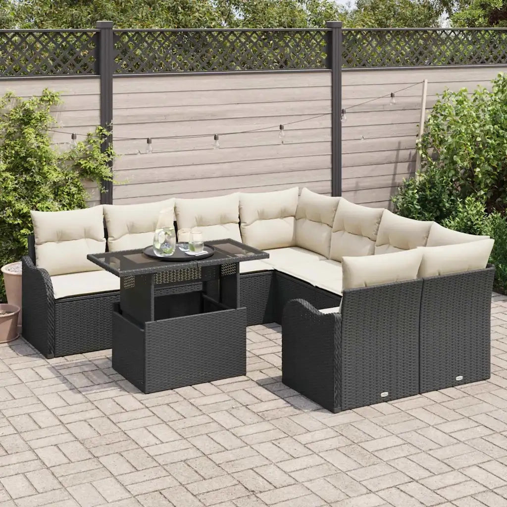 Set Divano da Giardino con cuscino 9 pcs Nero Poly Rattan